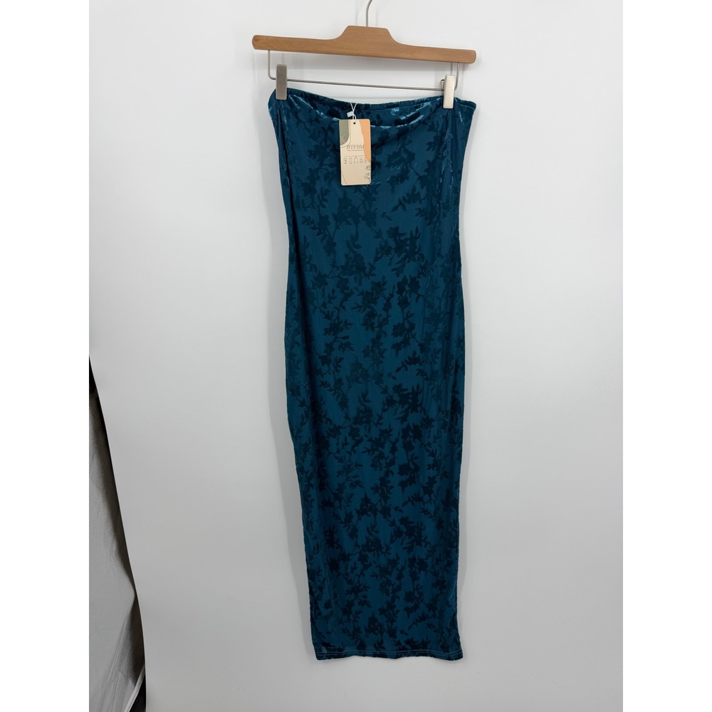 BTFBM Strapless Burnout Velvet Midi Dress Women Size M Teal Blue Floral 7510